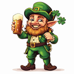 A cheerful leprechaun holds a beer and a clover leaf.