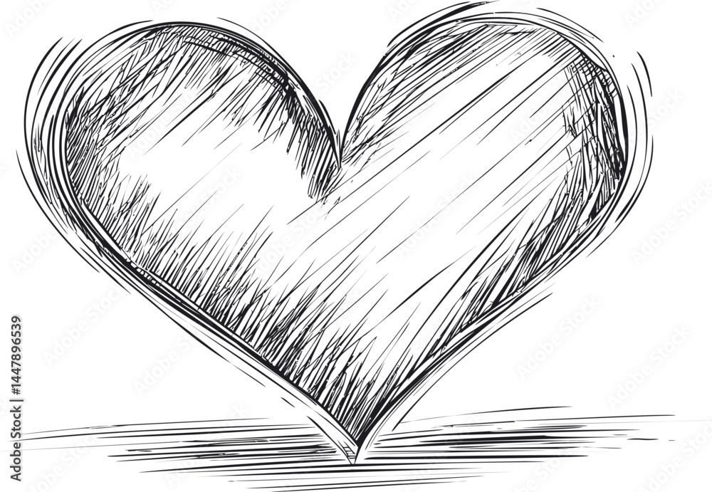 Poster Black and white sketch of a large heart with textured shading. Vector illustration