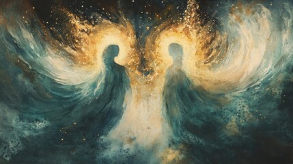 Fototapeta premium Twin mirrored figures in a watercolor embrace, their forms dissolving into airy strokes of sapphire and amber, surrounded by golden constellations and celestial energy.
