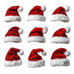 Festive santa hats collection for christmas celebrations studio images. Isolated on transparent background, png.