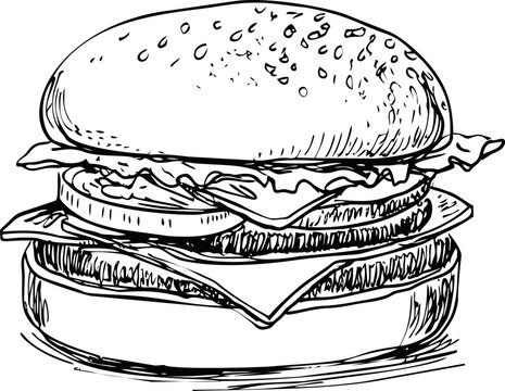Black and white sketch of a detailed hamburger with cheese and lettuce. Vector illustration