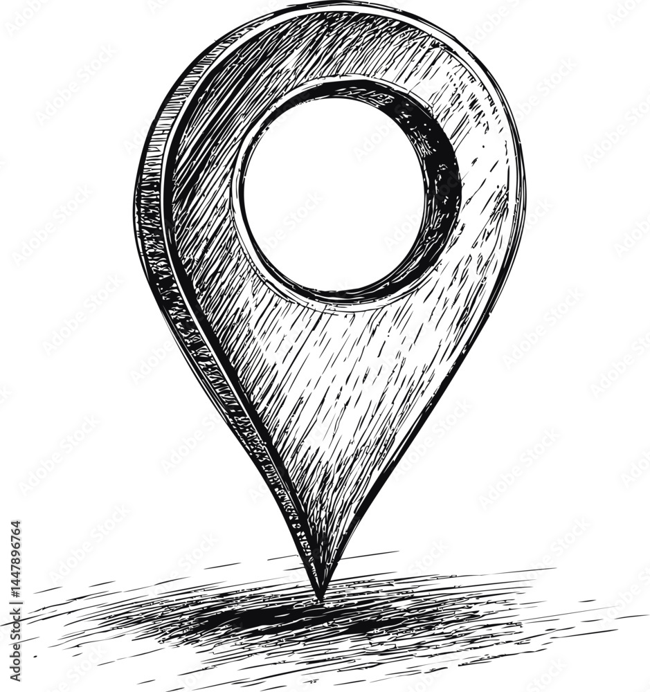 Poster black and white sketch of a location pin symbol on a textured background. vector illustration