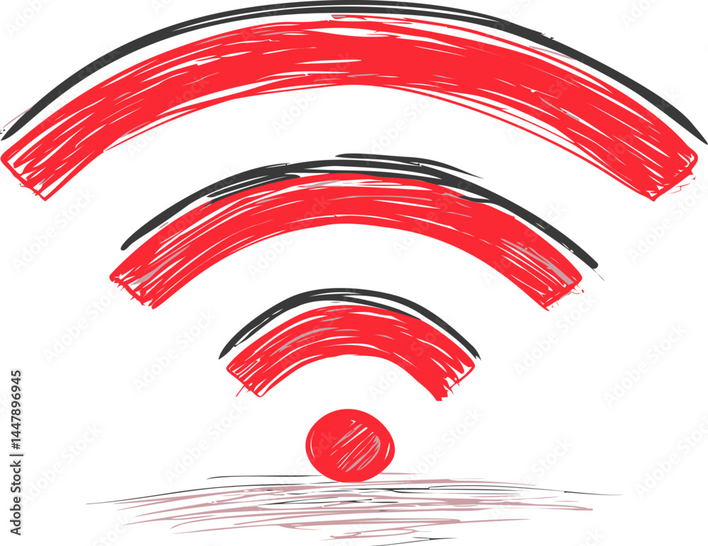Poster red and black sketch of wifi symbol with artistic brush strokes. vector illustration