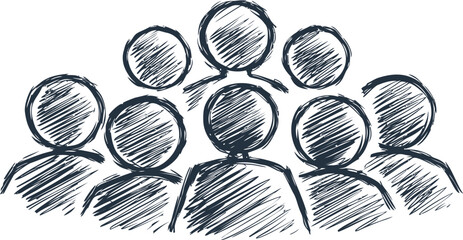 Scribbled illustration of a group of seven people in black and white. Vector illustration