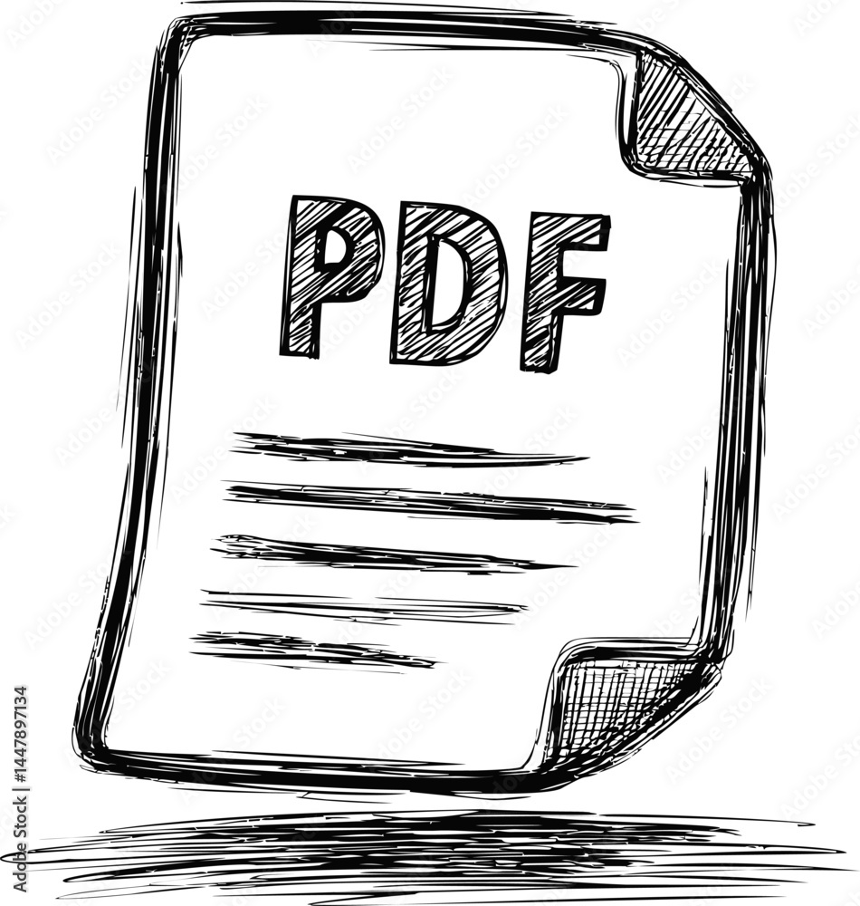 Poster Illustration of a sketched pdf document icon with text lines and scribbles. Vector illustration