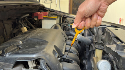 Mechanic checks the oil on a car being repaired. Hand of technician checking the oil level on dipstick in a car engine