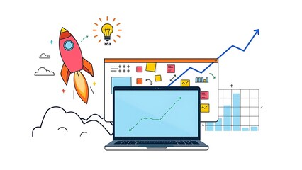 &ldquo;Startup Growth Vector with Rocket Launch and Idea Light Bulb on White Background&rdquo;