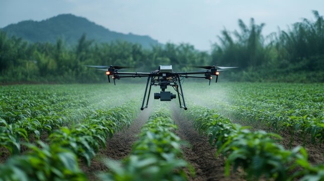 Drone handles field with plants, modern technology in agriculture. Great for articles on innovation, agro-technology, presentations on the future of farming.