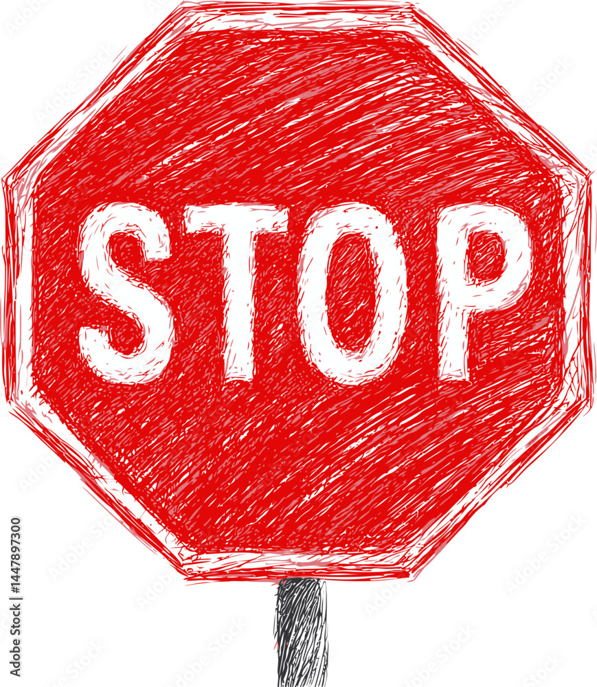 Aufkleber hand-drawn red stop sign with bold white letters on rough textured surface. vector illustration