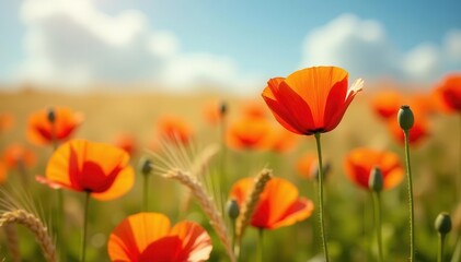 Vibrant poppies bloom amidst golden barley field, green, landscape