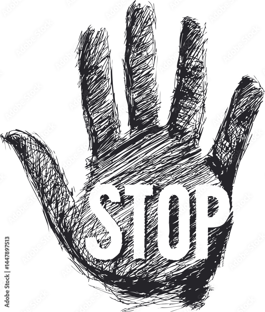 Aufkleber black and white handprint with stop text in sketched style drawing. vector illustration