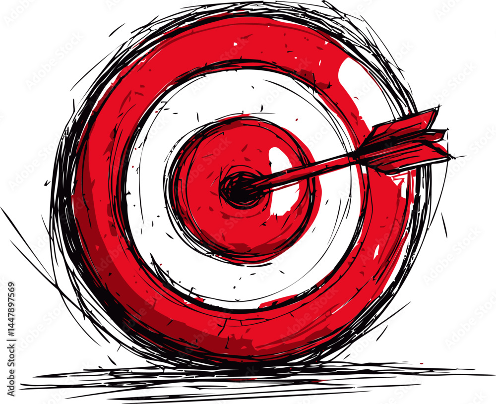 Poster red and white target with an arrow at the center, sketch style illustration. vector illustration