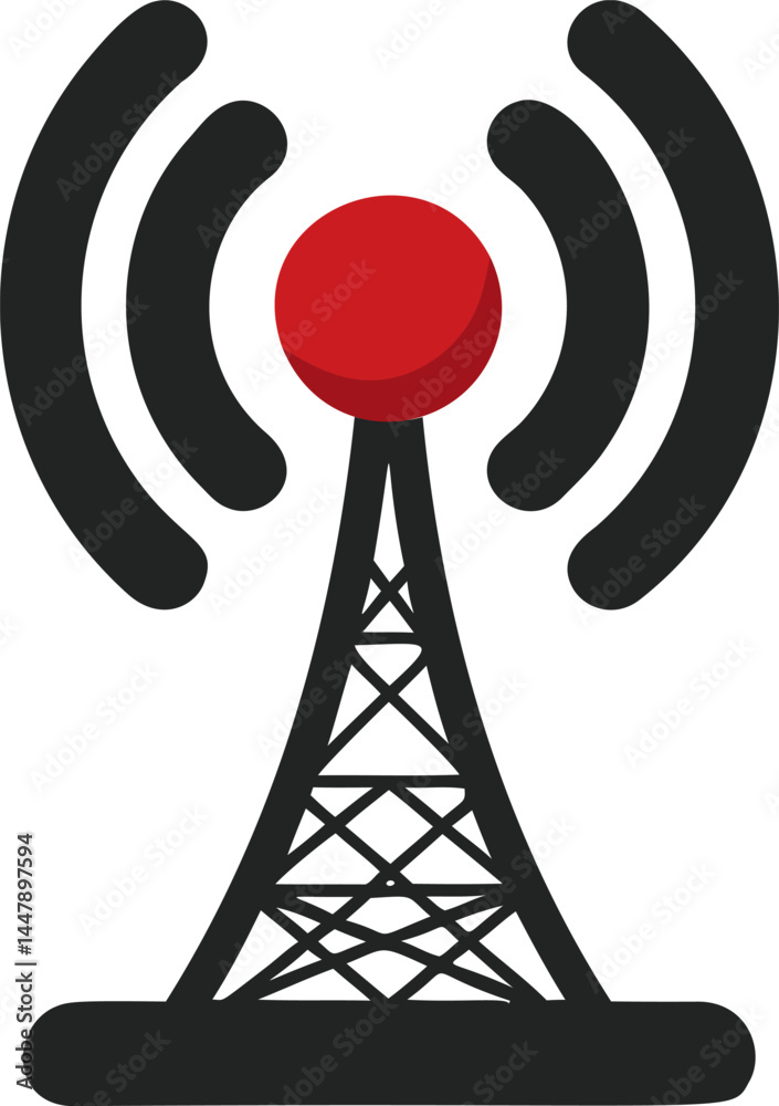 Poster black and red radio tower icon with signal waves, modern communication symbol. vector illustration