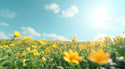 Fototapeta premium Vibrant flower field under blue sky, lush yellow blossoms swaying in gentle breeze, perfect for nature-themed projects.