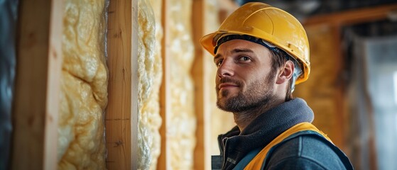 Builder in yellow helmet inspecting insulation at construction site. Ideal for topics related to renovation, construction, professional activities.