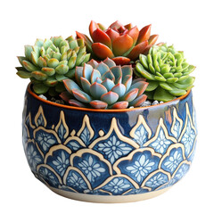 Fototapeta premium Succulent arrangement in decorative pot indoor plant decor close-up. Isolated on transparent background, png.