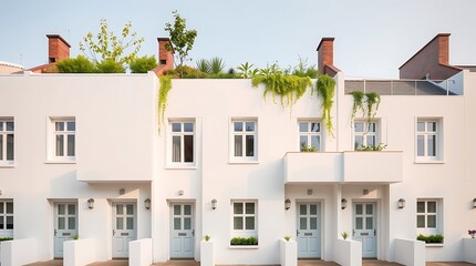 Fototapeta premium An adorable and charming minimalist row house with geometric design, clean white facades, and a rooftop garden, featuring cute and endearing architectural details