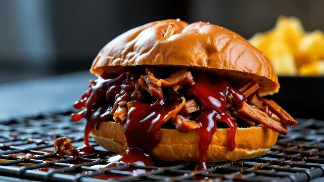 gorgeous burgundy red bbq pulled pork sandwich dripping sauce on wire rack, messy street food aesthetic, Generative AI.