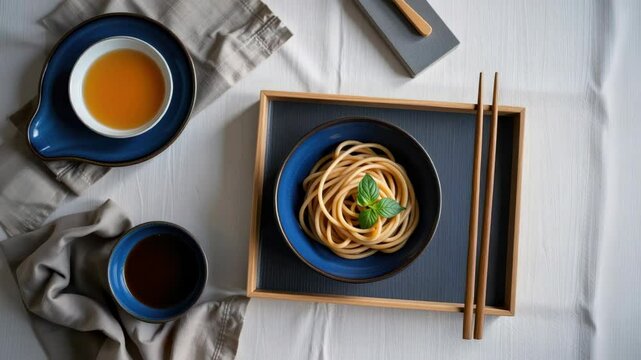 gorgeous cobalt blue minimalist soba course with dipping broth served separately on handmade matte trays, Generative AI.