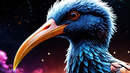 Fototapeta premium Vibrant and Colorful Bird with Bright Plumage Set Against a Cosmic Background Featuring Stars and Colorful Nebulae