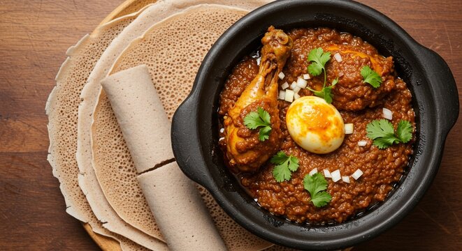 Close up shot of ethiopian doro wat with injera bread on a wooden surface in a dark bowl