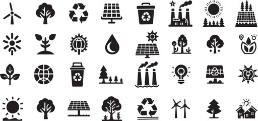 Eco and sustainability icon set. Vector glyph pictograms of recycle, tree, solar panel, wind turbine, environment, renewable energy, and conservation concept black silhouette illustration
