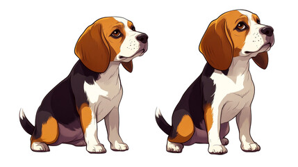 Two animated beagle dogs sitting side by side, looking right cut out transparent