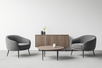 Modern, minimalist living area with two gray armchairs, light wood coffee table and cabinet.  Simple, neutral color palette