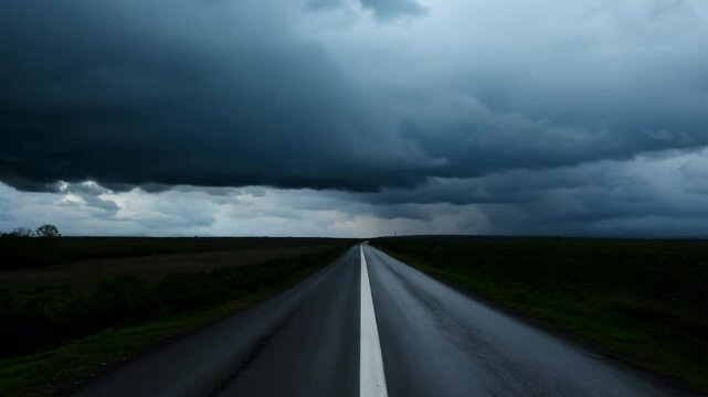 Long wet road with reflections and shadows stretches to a dark brooding sky with heavy clouds under ominous lighting, tilt up video Intense impending storm concept