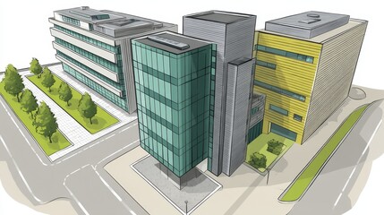 Three distinct buildings overlooking a vibrant city park Perfect for illustrating urban planning, architectural design, and public spaces - green  landscape city horizon