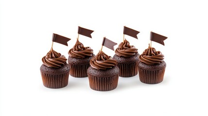 Five Chocolate Cupcakes with Chocolate Frosting and Flags on White Background