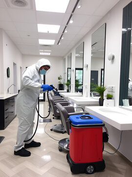 Tecnico per la disinfestazione dei locali pronto ad utilizzare la macchina specifica per sanificare un salone per parrucchieri