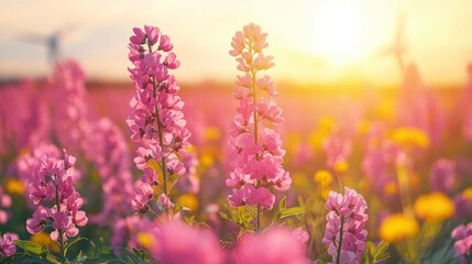 Obraz premium Sunset Serenity: A Field of Blooming Pink Flowers