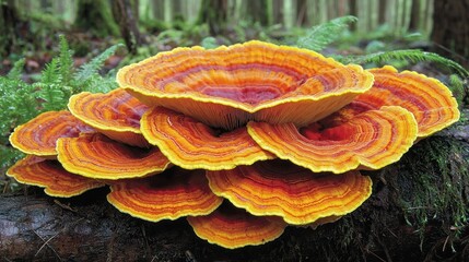 Vibrant orange-red, layered, bracket fungus cluster nestled amongst forest floor vegetation