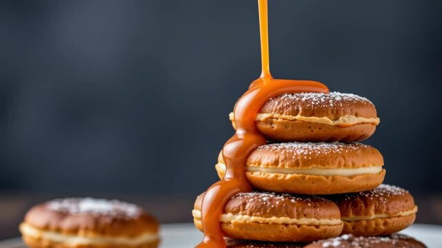 the luminous golden ochre flow of molten chocolate captured mid fall onto a stack of eclairs, moody luxury patisserie background, Generative AI.