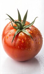 Fresh Tomato on White Background. Perfectly ripe tomato with a smooth texture and vibrant color.