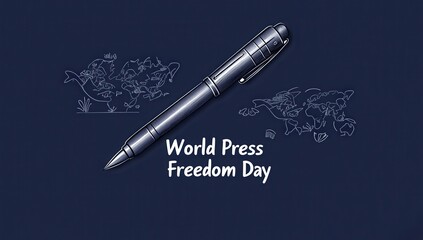World Press Freedom Day logo design, pen writing on paper symbolizing the importance of free speech and sharing information for the world podium. "World Press Freedom Day" written.