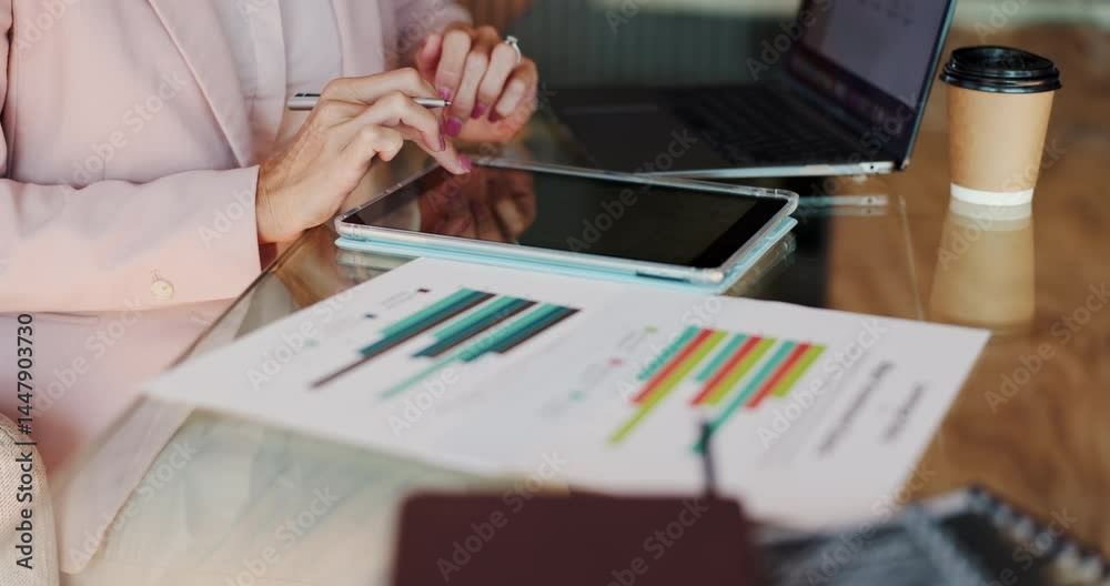 Poster hands, person and typing on tablet with graphs documents, data analysis and financial report. accoun