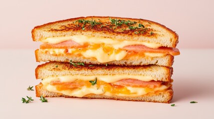 Golden Brown Grilled Cheese Sandwich with Ham and Melted Cheese on Pink Background