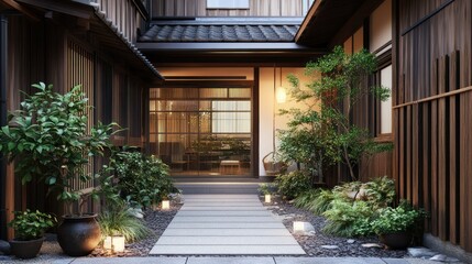 Fototapeta premium Traditional Japanese Zen Garden Entrance with Wooden Fence Green Plants Stone Pathway and Warm Lighting in Tranquil Outdoor Courtyard Design