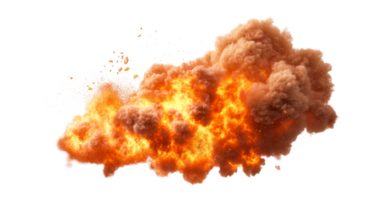 Dramatic orange explosion isolated on black backdrop. cut out transparent