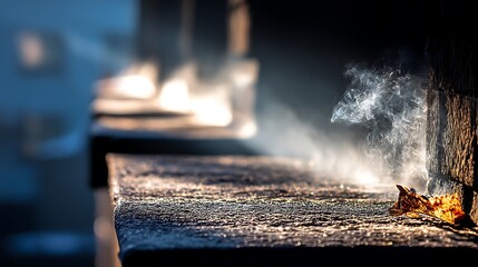 Sunlit smoke swirls by autumn leaf on stone ledge