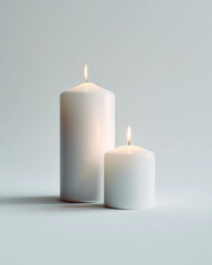 Two white candles are lit and placed on a white surface