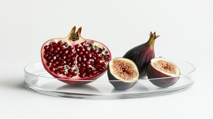 Fresh Pomegranate and Figs on Clear Glass Plate Light Background Healthy Fruit Snack or Ingredient Vegetarian Plant-Based Diet Natural Food Display