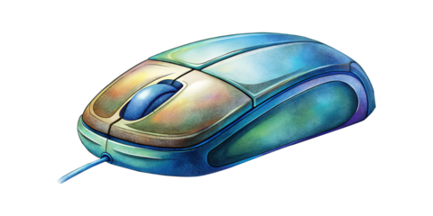 Artistic rendering of a colorful wired computer mouse with a cord