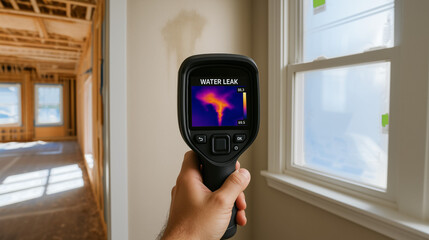 Technician using thermal imaging camera and digital moisture meter to detect temperature to locate water leaks in structure or materials after heavy rain