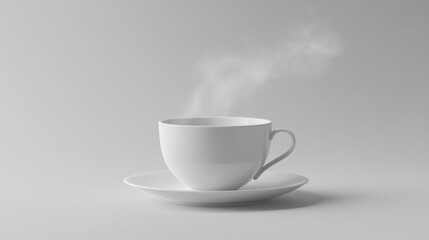 Minimalist white ceramic coffee cup steaming hot beverage with matching saucer on plain light gray background for modern simplicity and cozy comfort