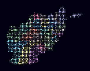 Afghanistan, shape of the country built of colored cells. Digital style map of Afghanistan on dark background. Small size circle blocks. Creative vector illustration.