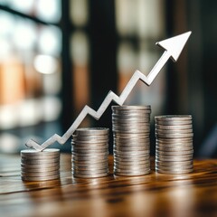 Financial Growth  Stacks of coins with an upward arrow, symbolizing rising profits or investment growth