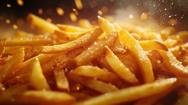 Crispy golden French fries with salt and oil close-up showing freshly cooked hot crispy and crunchy potato fries with seasoning for fast food meal Snack